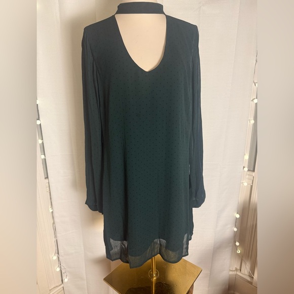 Sanctuary Green Polka Dot Choker Neck Long Sleeve Shift Dress Size Large - Picture 1 of 7